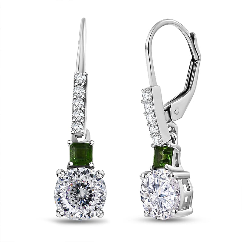 D'Joy 120 Facet Moissanite and Chrome Diopside 3.10 ctw Lever Back Earrings in Rhodium Over Sterling Silver