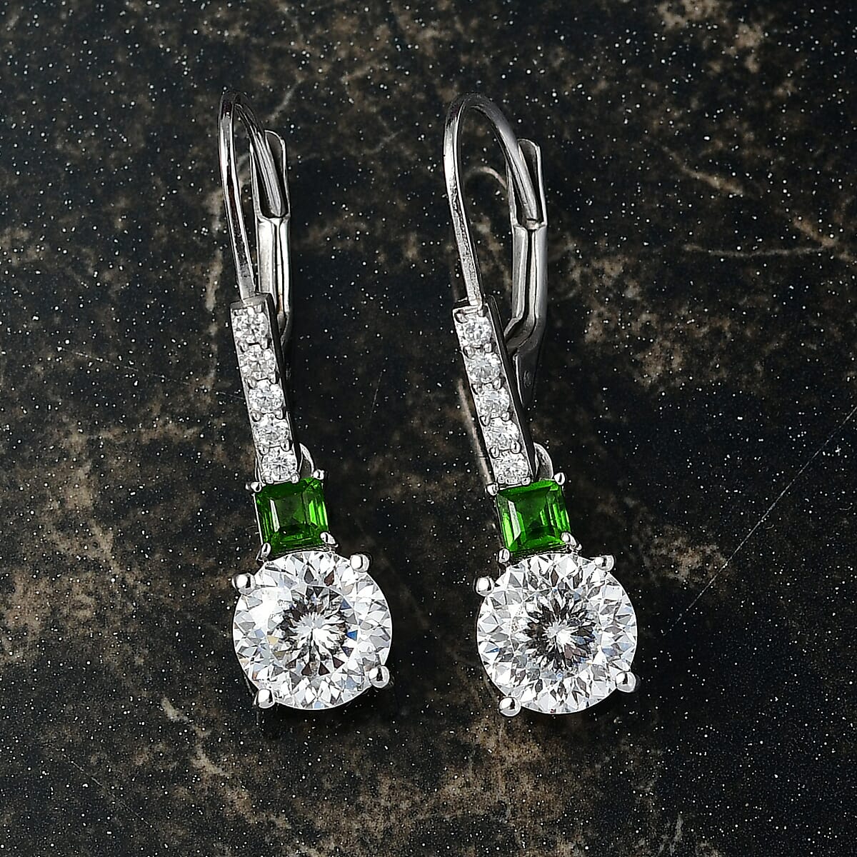 D’Joy 120 Facet Moissanite and Chrome Diopside 3.10 ctw Lever Back Earrings in Rhodium Over Sterling Silver image number 1