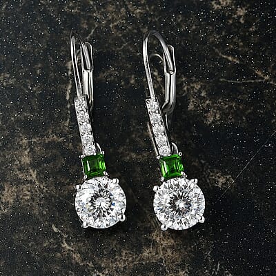 D'Joy 120 Facet Moissanite and Chrome Diopside 3.10 ctw Lever Back Earrings in Rhodium Over Sterling Silver