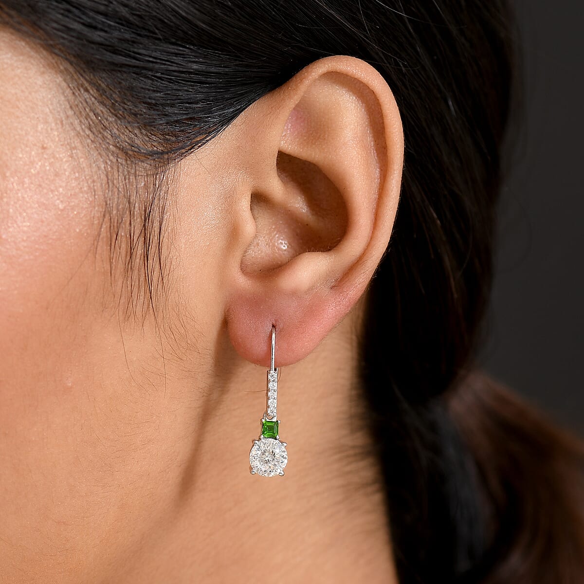 D’Joy 120 Facet Moissanite and Chrome Diopside 3.10 ctw Lever Back Earrings in Rhodium Over Sterling Silver image number 2