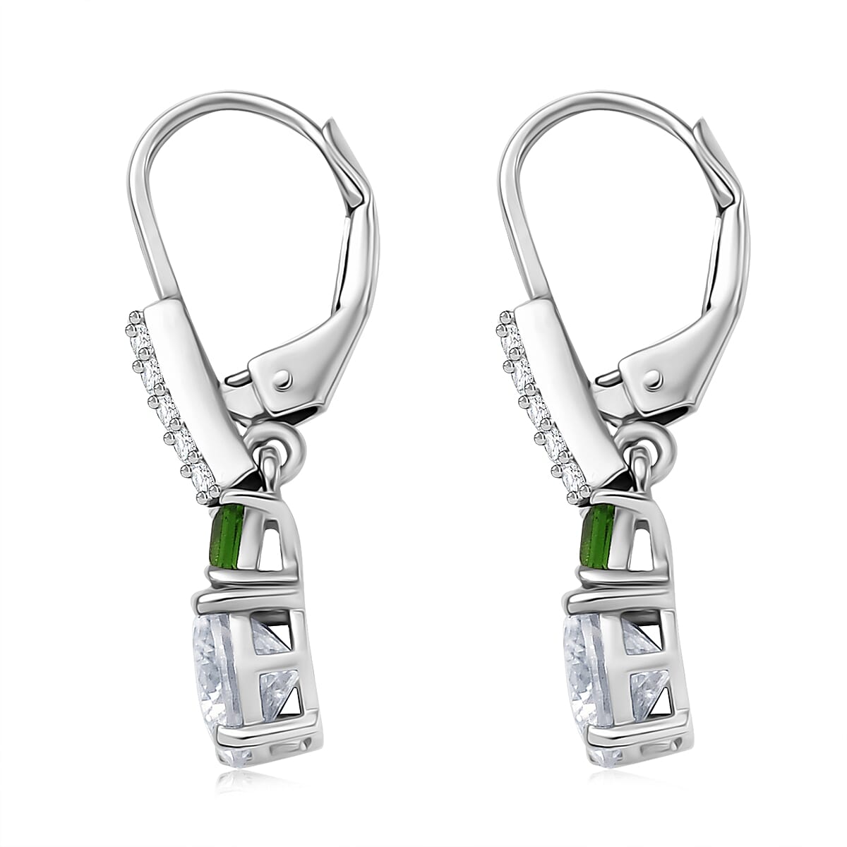 D’Joy 120 Facet Moissanite and Chrome Diopside 3.10 ctw Lever Back Earrings in Rhodium Over Sterling Silver image number 3