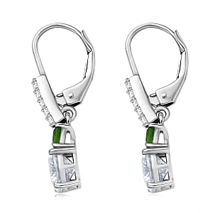 D&rsquo;Joy 120 Facet Moissanite and Chrome Diopside 3.10 ctw Lever Back Earrings in Rhodium Over Sterling Silver