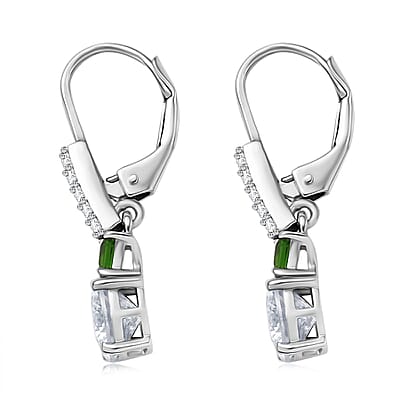 D'Joy 120 Facet Moissanite and Chrome Diopside 3.10 ctw Lever Back Earrings in Rhodium Over Sterling Silver