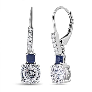 D&rsquo;Joy 120 Facet Moissanite and Masoala Sapphire (D) 3.25 ctw Lever Back Earrings in Rhodium Over Sterling Silver