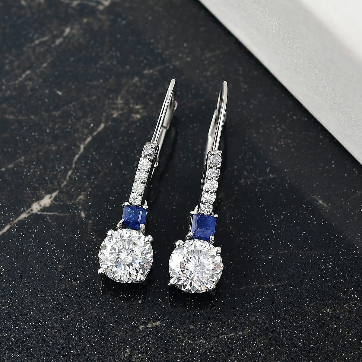 D&rsquo;Joy 120 Facet Moissanite and Masoala Sapphire (D) 3.25 ctw Lever Back Earrings in Rhodium Over Sterling Silver image number 1