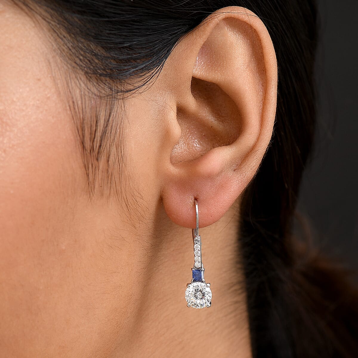 D&rsquo;Joy 120 Facet Moissanite and Masoala Sapphire (D) 3.25 ctw Lever Back Earrings in Rhodium Over Sterling Silver image number 2
