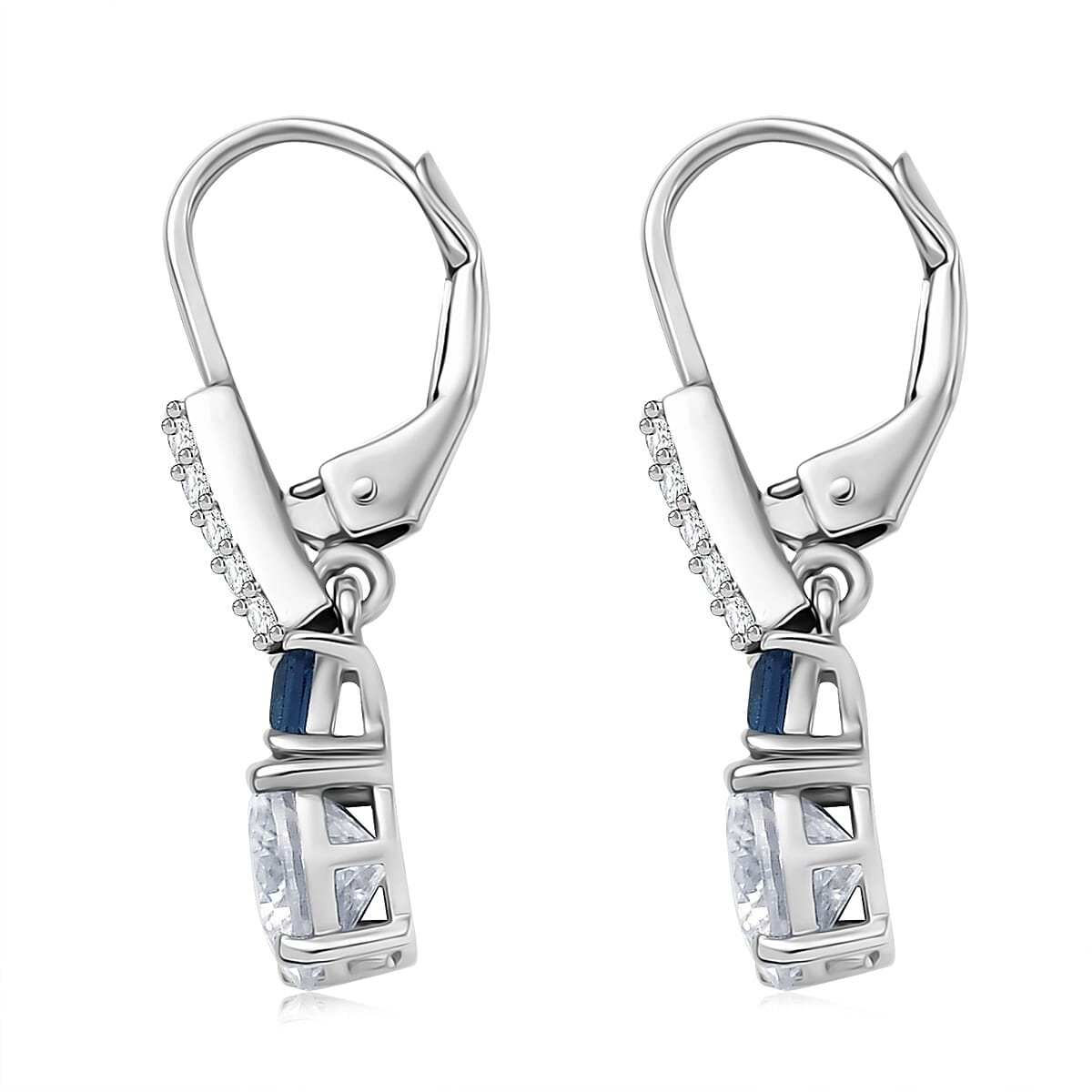 D&rsquo;Joy 120 Facet Moissanite and Masoala Sapphire (D) 3.25 ctw Lever Back Earrings in Rhodium Over Sterling Silver image number 3