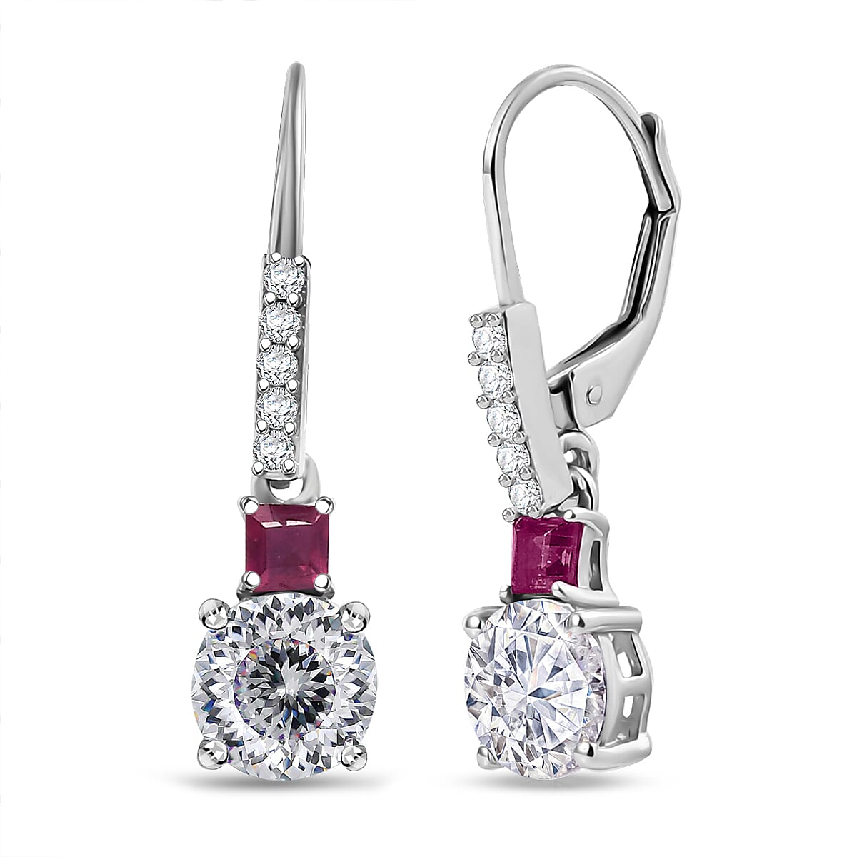 D'Joy 120 Faceted Moissanite and Niassa Ruby (FF) 3.20 ctw Lever Back Earrings in Rhodium Over Sterling Silver image number 0