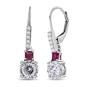 D'Joy 120 Faceted Moissanite and Niassa Ruby (FF) 3.20 ctw Lever Back Earrings in Rhodium Over Sterling Silver
