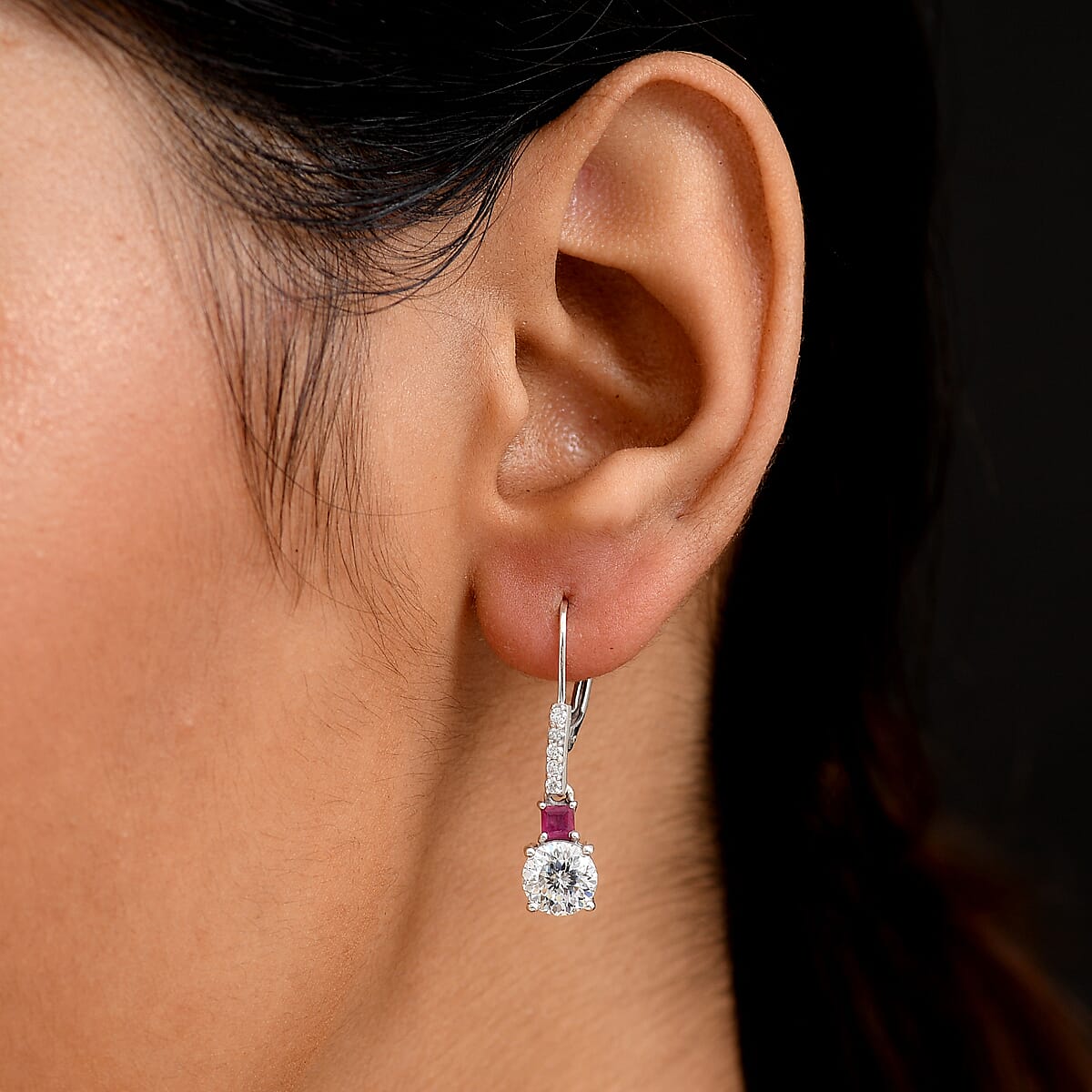 D'Joy 120 Faceted Moissanite and Niassa Ruby (FF) 3.20 ctw Lever Back Earrings in Rhodium Over Sterling Silver image number 2