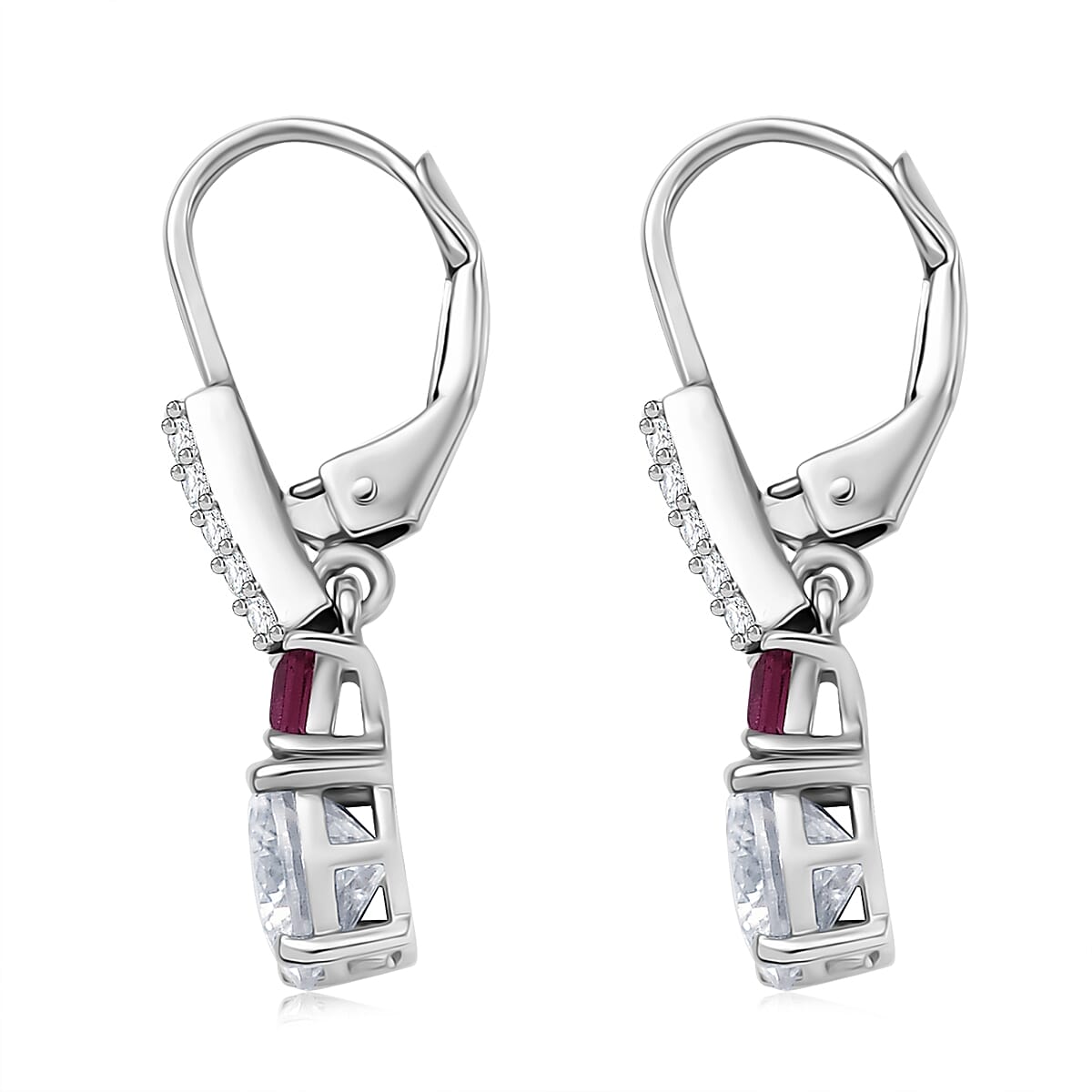 D'Joy 120 Faceted Moissanite and Niassa Ruby (FF) 3.20 ctw Lever Back Earrings in Rhodium Over Sterling Silver image number 3