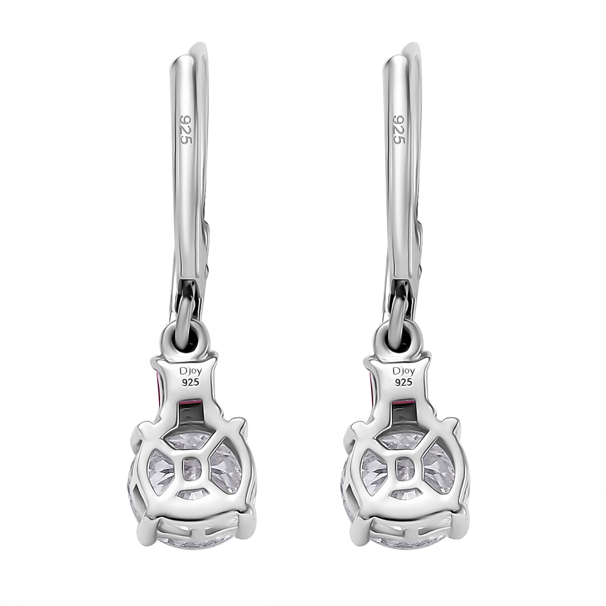 D'Joy 120 Faceted Moissanite and Niassa Ruby (FF) 3.20 ctw Lever Back Earrings in Rhodium Over Sterling Silver image number 4