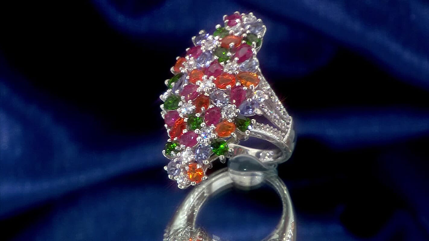 D'Joy Multi Gemstone 7.65 ctw Blooming Garden Ring in Platinum Over Sterling Silver (Size 10.0)