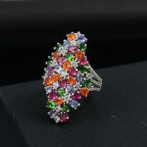 D'Joy Multi Gemstone 7.65 ctw Blooming Garden Ring in Platinum Over Sterling Silver (Size 5.0)