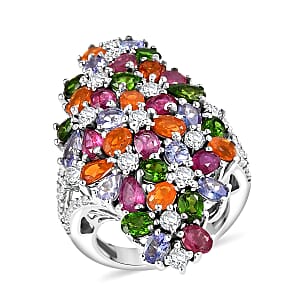 D'Joy Multi Gemstone 7.65 ctw Blooming Garden Ring in Platinum Over Sterling Silver (Size 7.0)