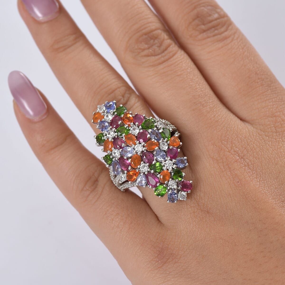 D'Joy Multi Gemstone 7.65 ctw Blooming Garden Ring in Platinum Over Sterling Silver (Size 7.0) image number 2