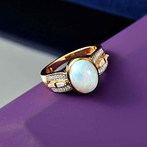 Ethiopian Welo Opal and Moissanite 2.34 ctw Ring in 18K Vermeil Yellow Gold Over Sterling Silver (Size 6.5)
