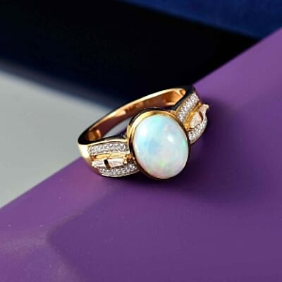 Ethiopian Welo Opal and Moissanite 2.34 ctw Ring in 18K Vermeil Yellow Gold Over Sterling Silver (Size 6.5)