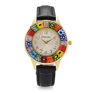 Strada Multi Color Murano Style Japanese Movement Watch with Black Leather Strap (37mm)