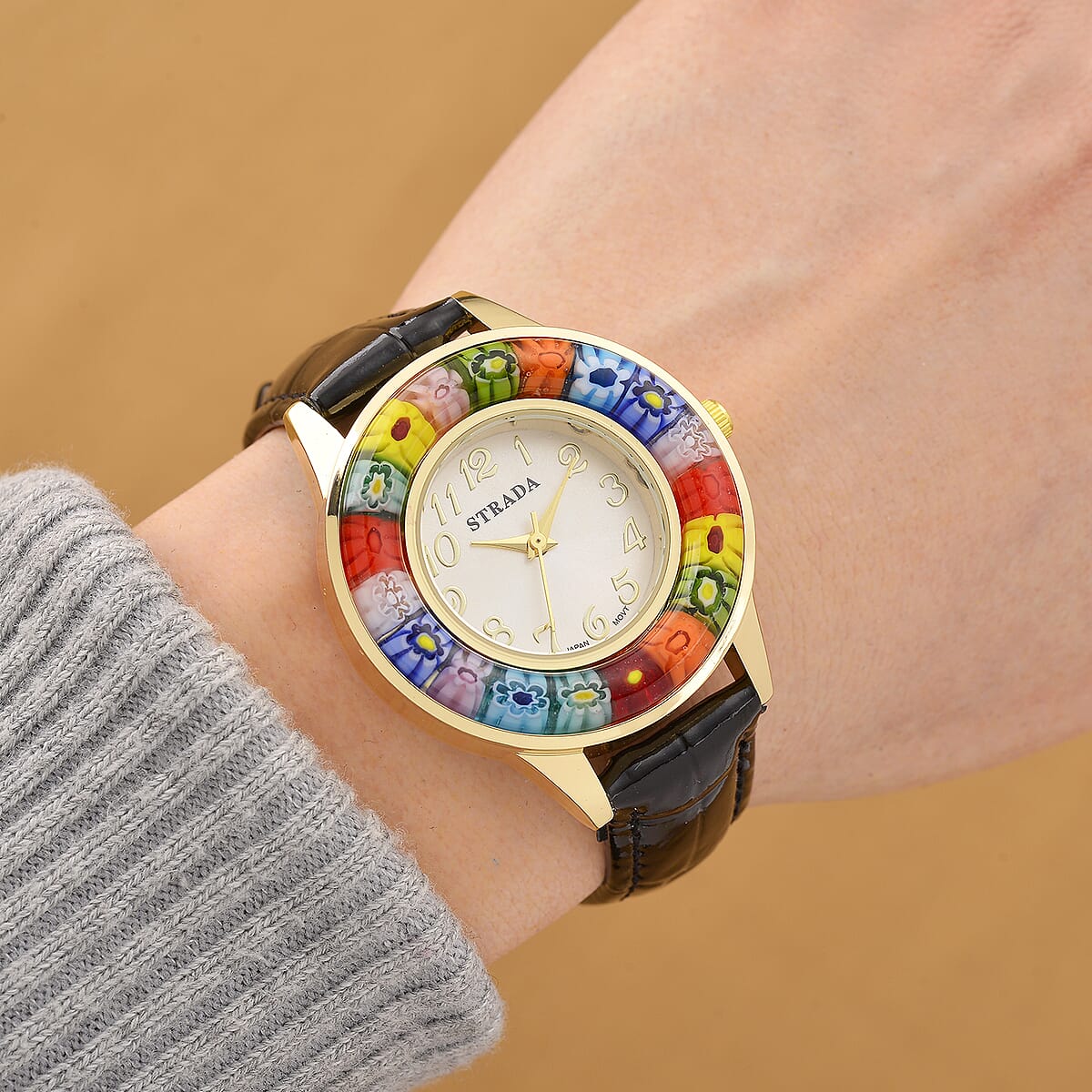 Strada Multi Color Murano Style Japanese Movement Watch with Black Leather Strap (37mm) image number 1