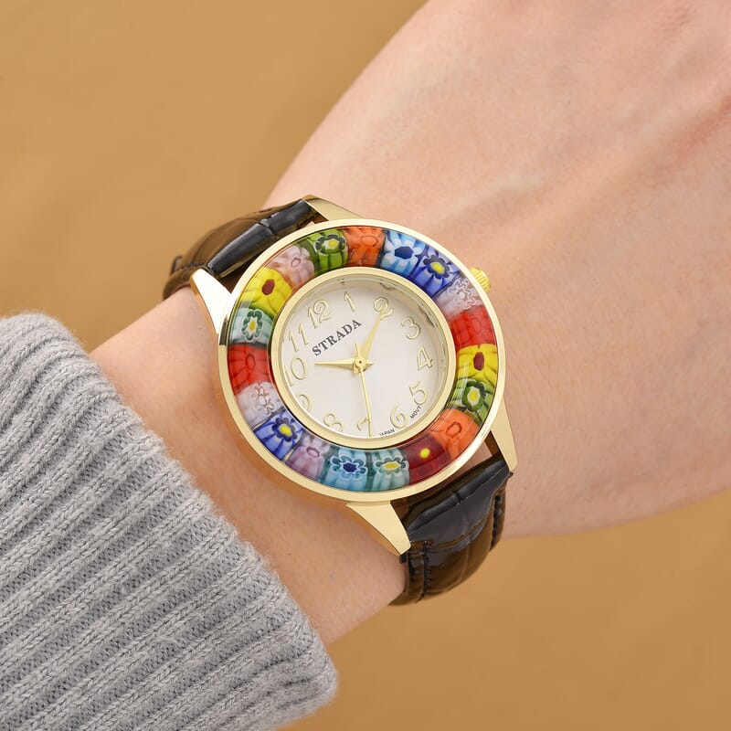 Strada Multi Color Murano Style Japanese Movement Watch with Black Leather Strap (37mm)