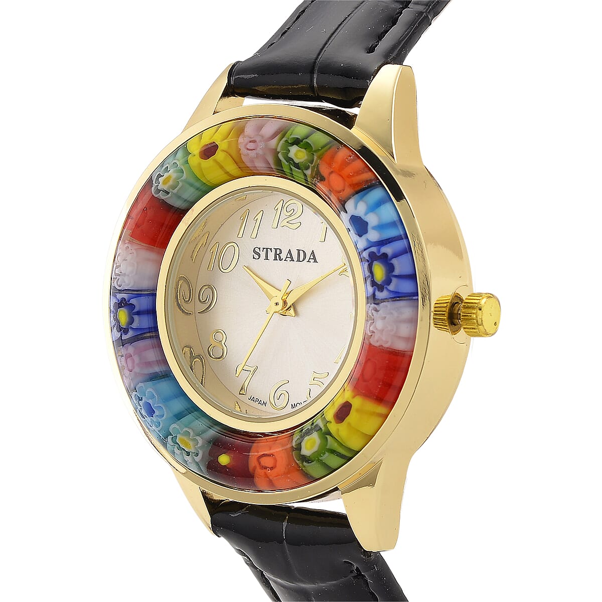 Strada Multi Color Murano Style Japanese Movement Watch with Black Leather Strap (37mm) image number 2