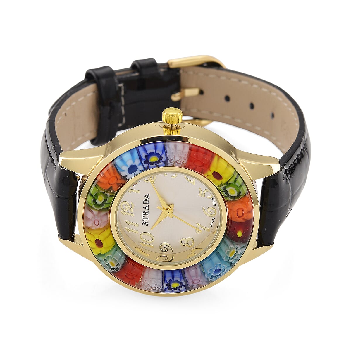 Strada Multi Color Murano Style Japanese Movement Watch with Black Leather Strap (37mm) image number 3