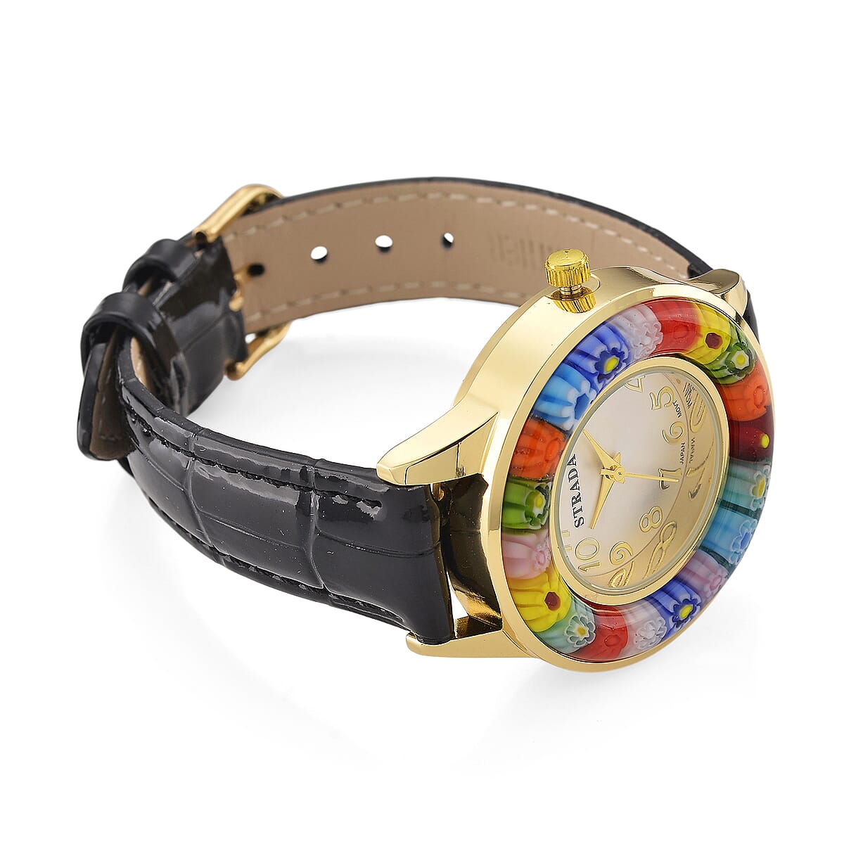 Strada Multi Color Murano Style Japanese Movement Watch with Black Leather Strap (37mm) image number 4