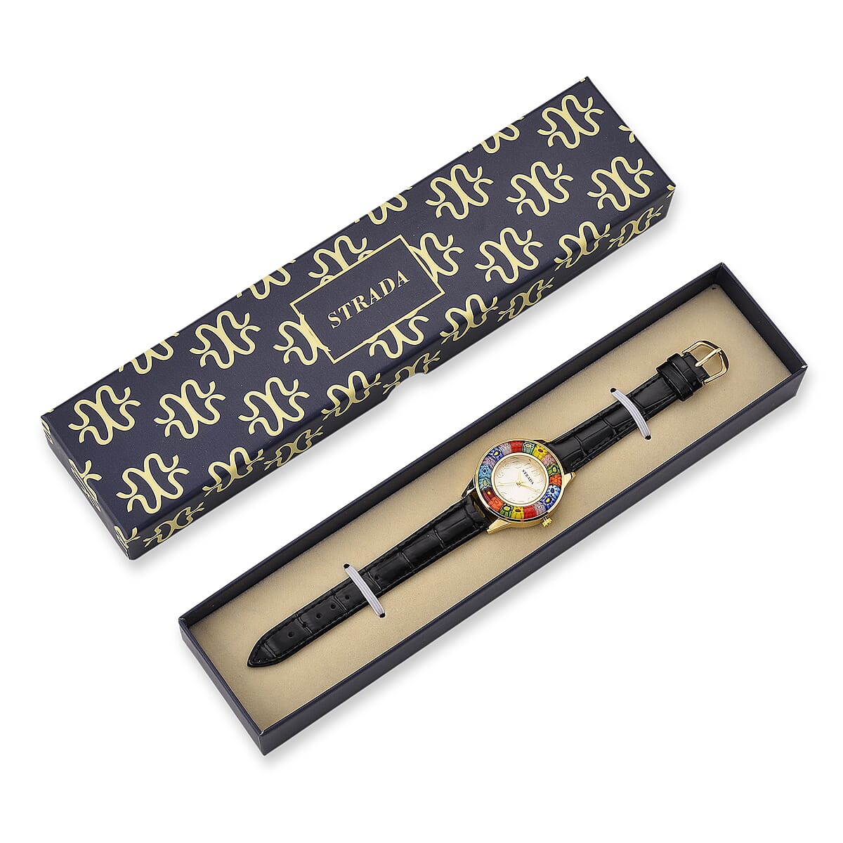 Strada Multi Color Murano Style Japanese Movement Watch with Black Leather Strap (37mm) image number 7