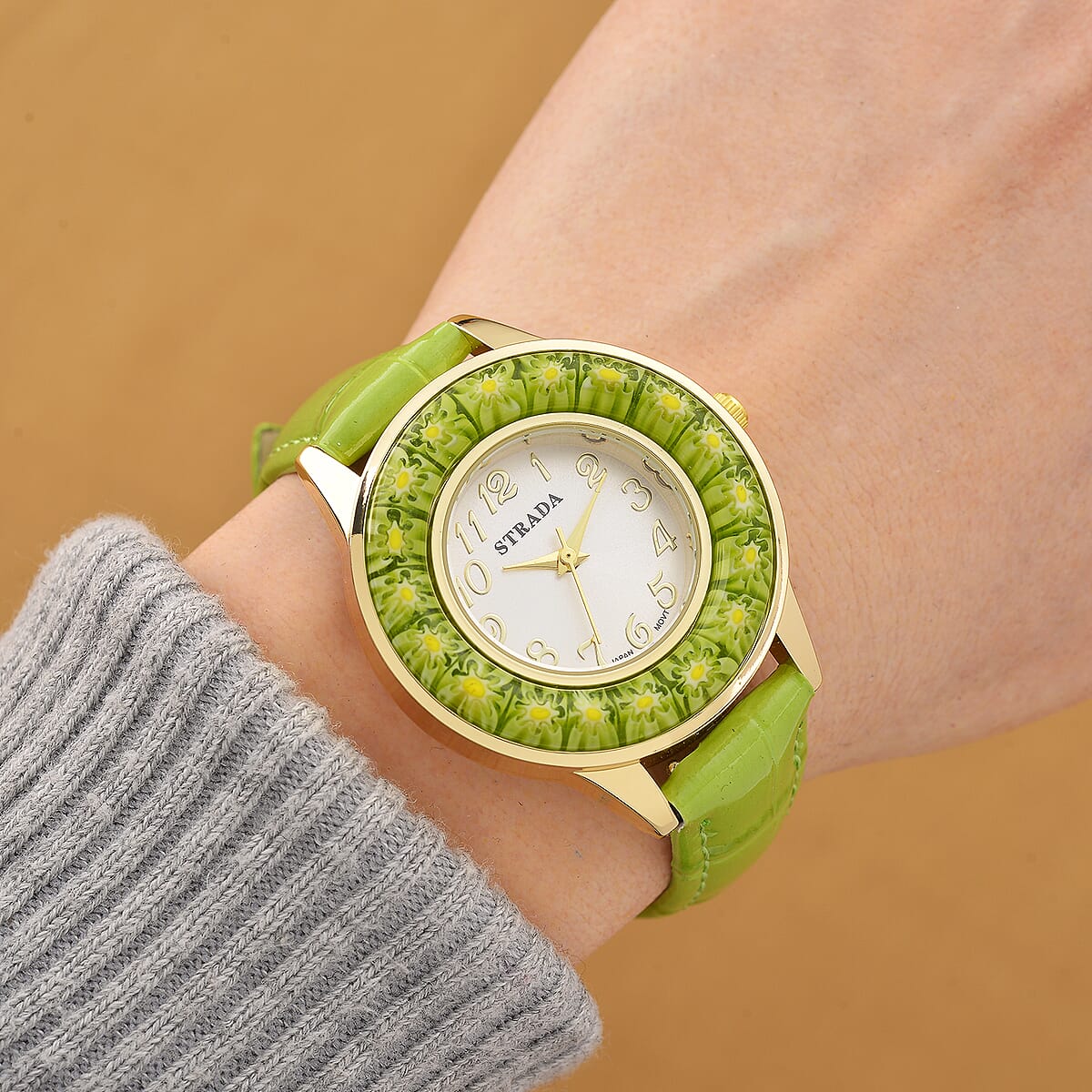 Strada Green Color Murano Style Japanese Movement Watch with Green Leather Strap (37mm) image number 1