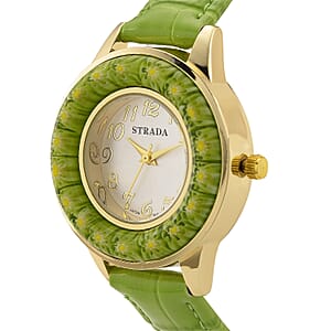 Strada Green Color Murano Style Japanese Movement Watch with Green Leather Strap (37mm)