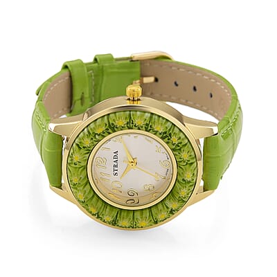 Strada Green Color Murano Style Japanese Movement Watch with Green Leather Strap (37mm)