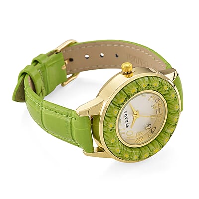 Strada Green Color Murano Style Japanese Movement Watch with Green Leather Strap (37mm)