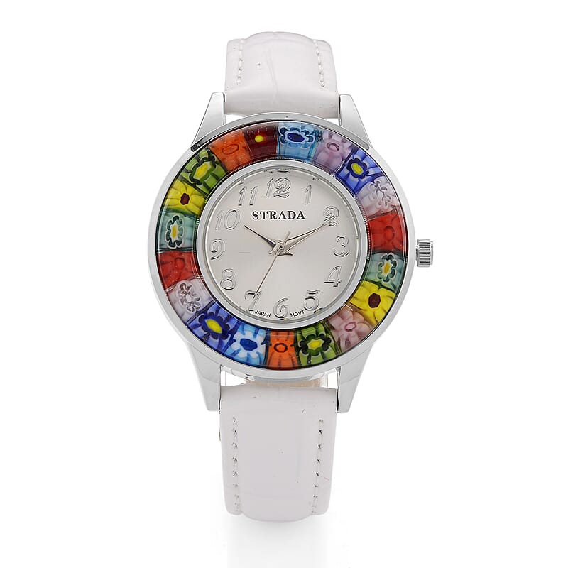 Strada Multi Color Murano Style Japanese Movement Watch with White Leather Strap (37mm)