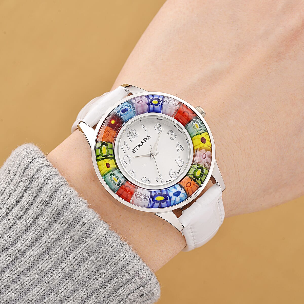 Strada Multi Color Murano Style Japanese Movement Watch with White Leather Strap (37mm) image number 1