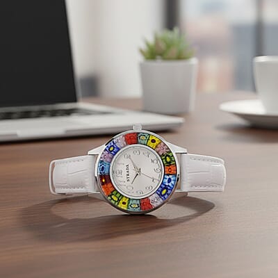 Strada Multi Color Murano Style Japanese Movement Watch with White Leather Strap (37mm)