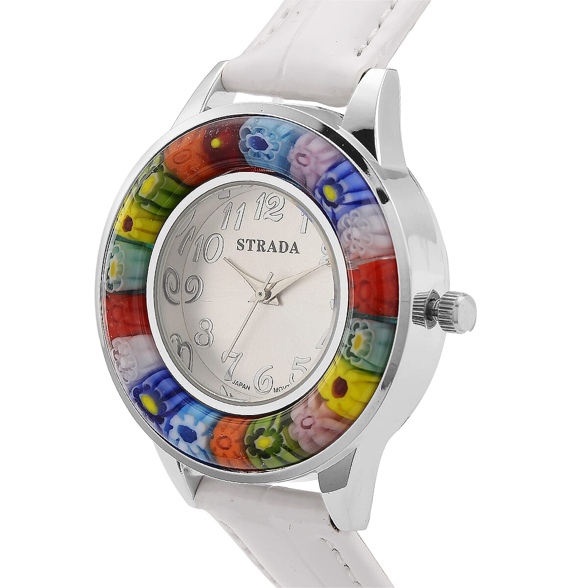 Strada Multi Color Murano Style Japanese Movement Watch with White Leather Strap (37mm) image number 2