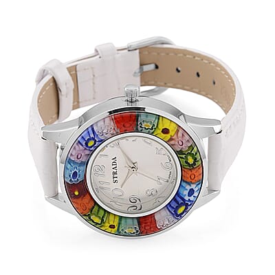 Strada Multi Color Murano Style Japanese Movement Watch with White Leather Strap (37mm)