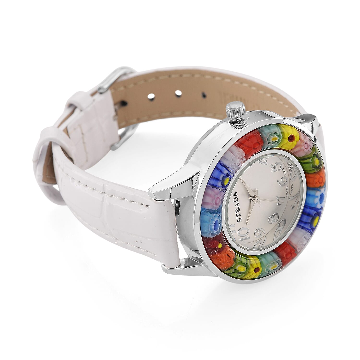 Strada Multi Color Murano Style Japanese Movement Watch with White Leather Strap (37mm)
