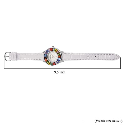 Strada Multi Color Murano Style Japanese Movement Watch with White Leather Strap (37mm)