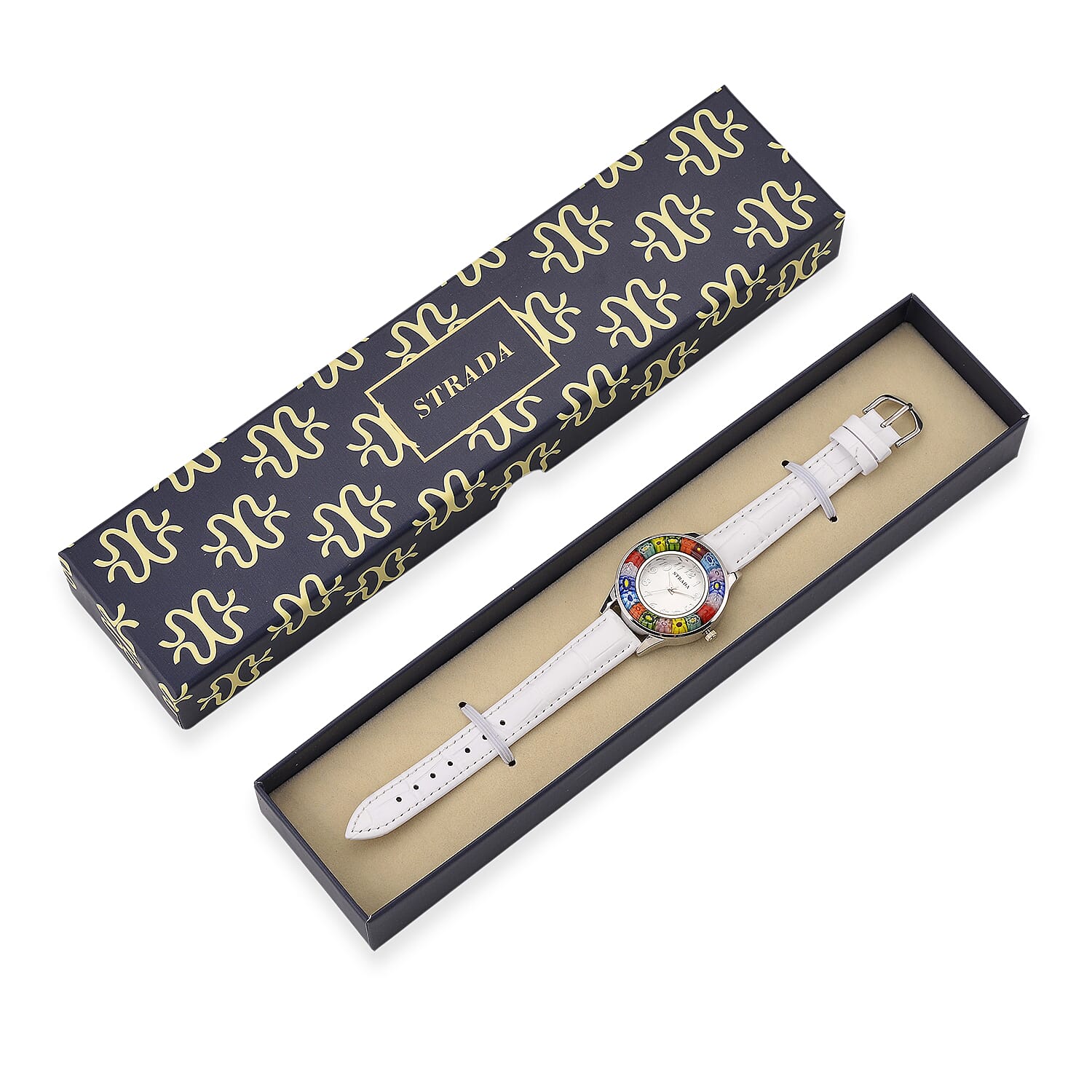 Strada Multi Color Murano Style Japanese Movement Watch with White Leather Strap (37mm)