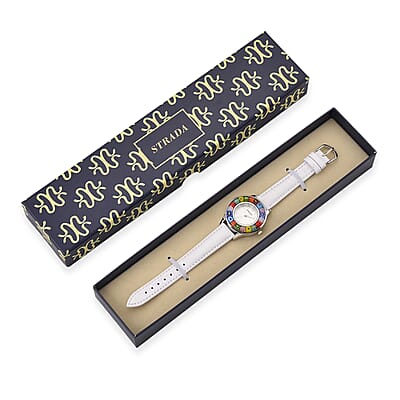 Strada Multi Color Murano Style Japanese Movement Watch with White Leather Strap (37mm)