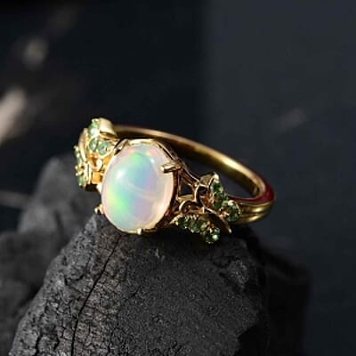 Ethiopian Welo Opal and Tsavorite Garnet 1.44 ctw Ring in 14K YG Over Sterling Silver (Size 11.5)