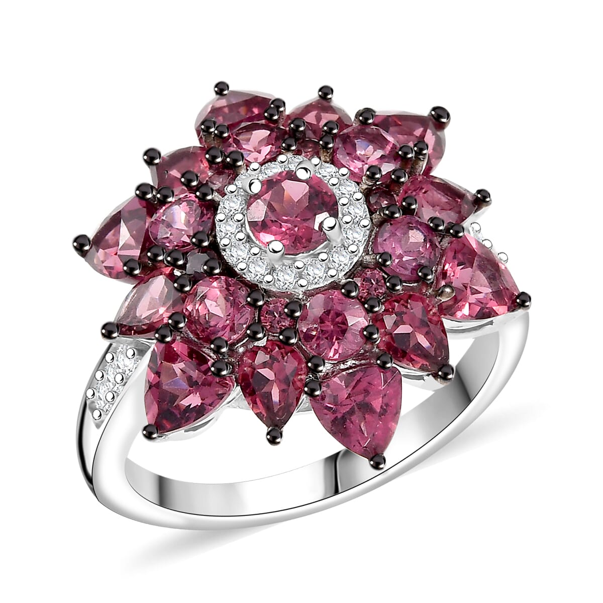 D'Joy Premium Tanzanian Wine Garnet and White Zircon 4.90 ctw Blazing Bloom Ring in Rhodium Over Sterling Silver (Size 10.0) image number 0