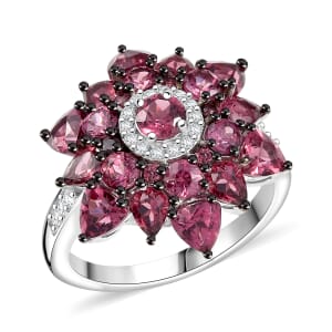 D'Joy Premium Tanzanian Wine Garnet and White Zircon 4.90 ctw Blazing Bloom Ring in Rhodium Over Sterling Silver (Size 10.0)