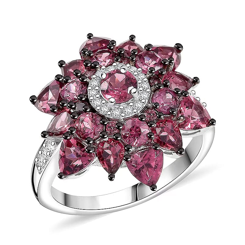 D'Joy Premium Tanzanian Wine Garnet and White Zircon 4.90 ctw Blazing Bloom Ring in Rhodium Over Sterling Silver (Size 10.0)