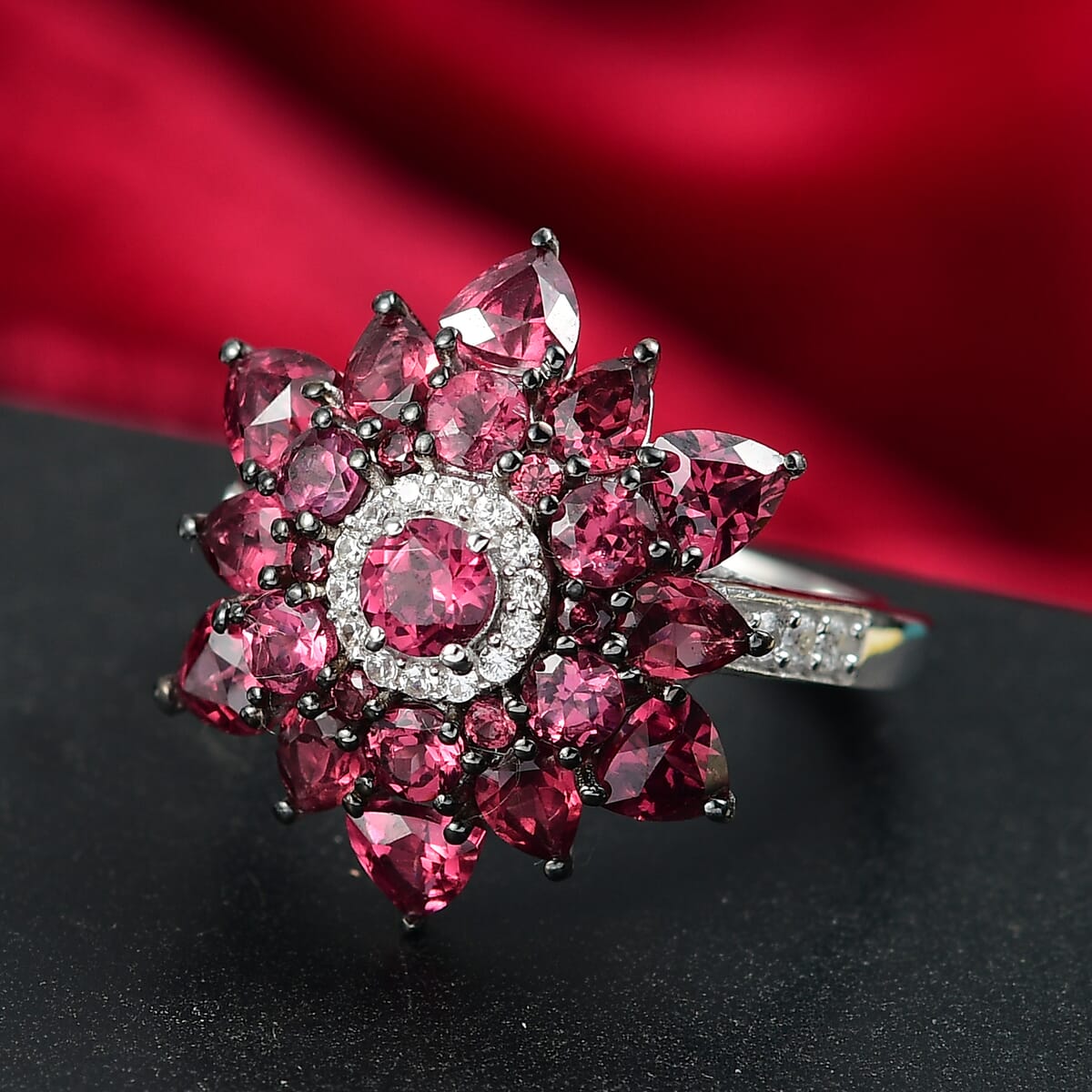 D'Joy Premium Tanzanian Wine Garnet and White Zircon 4.90 ctw Blazing Bloom Ring in Rhodium Over Sterling Silver (Size 10.0) image number 1