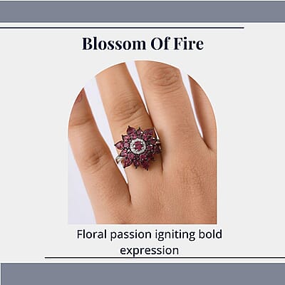 D'Joy Premium Tanzanian Wine Garnet and White Zircon 4.90 ctw Blazing Bloom Ring in Rhodium Over Sterling Silver (Size 10.0)
