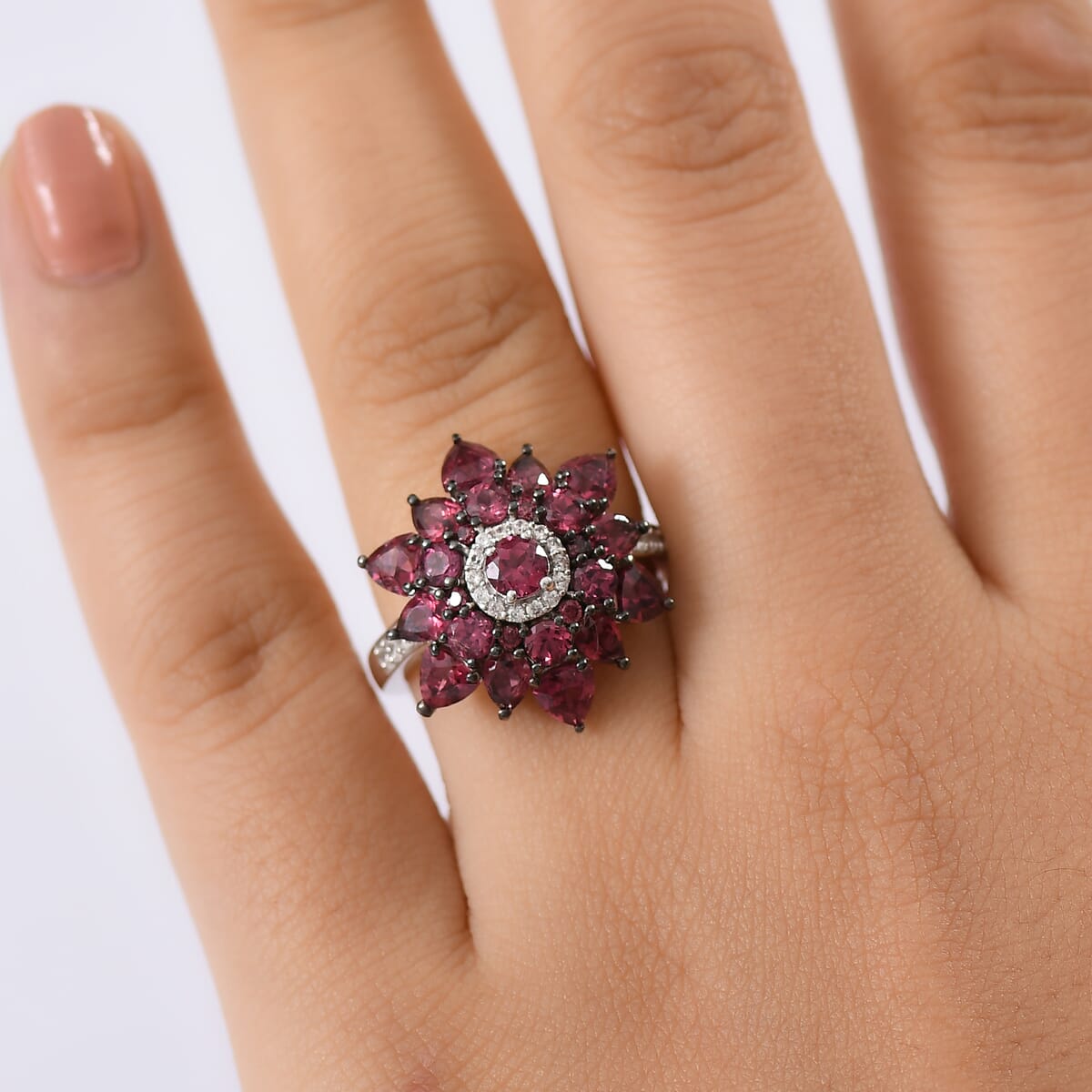 D'Joy Premium Tanzanian Wine Garnet and White Zircon 4.90 ctw Blazing Bloom Ring in Rhodium Over Sterling Silver (Size 10.0) image number 2