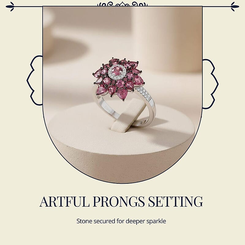 D'Joy Premium Tanzanian Wine Garnet and White Zircon 4.90 ctw Blazing Bloom Ring in Rhodium Over Sterling Silver (Size 10.0)